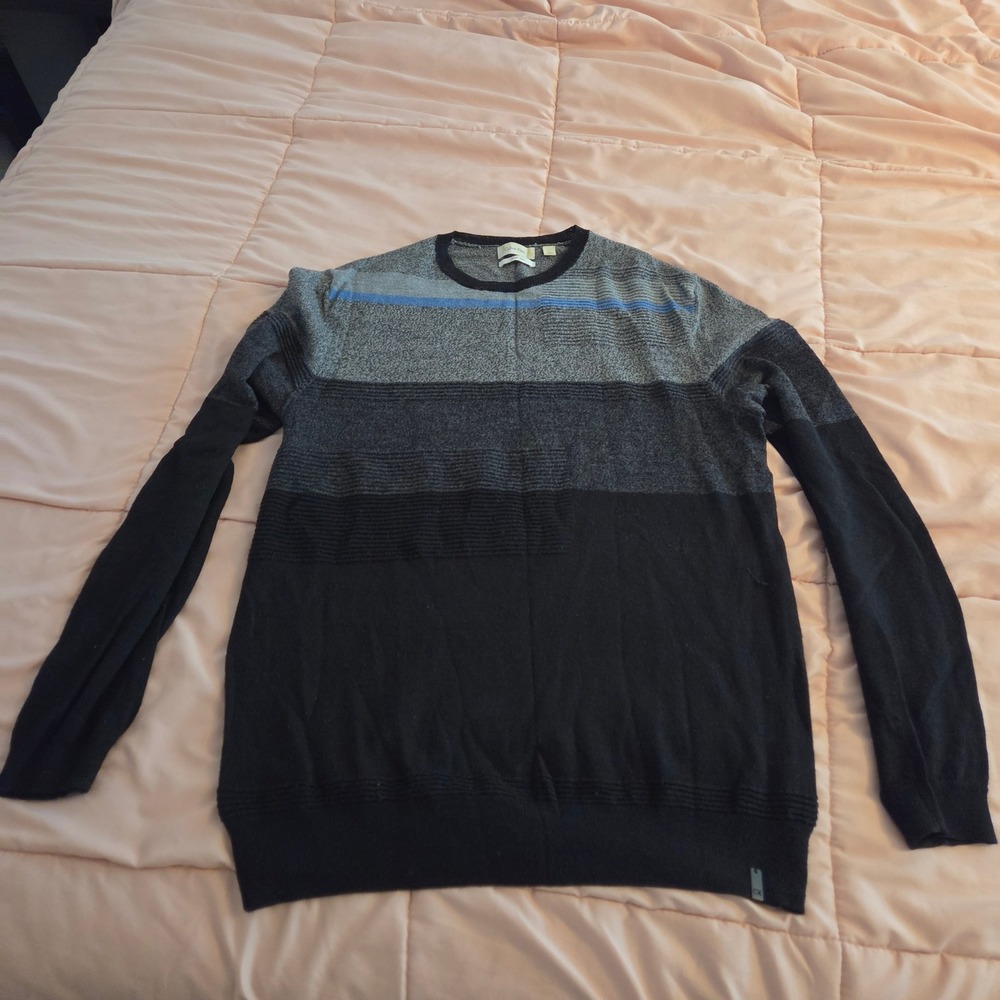 Calvin Klein Mens Italian Yarn Colorblock Striped Crewneck Sweater Black Grey L